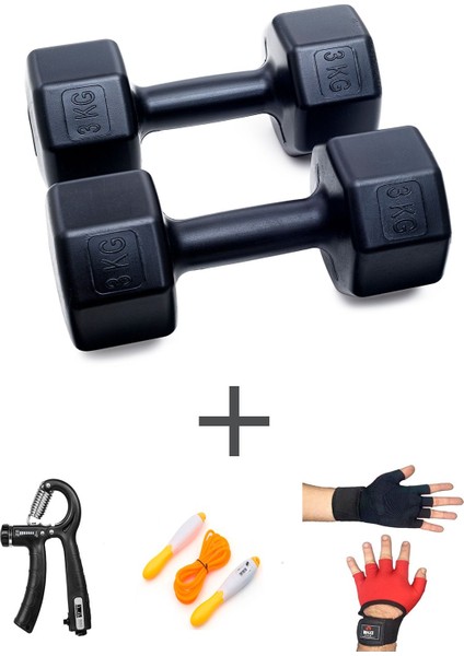 3 kg Dambıl Seti, Eldiven, Sayaçlı Ayarlanabilir El Yay ve Atlama Ipi, Siyah