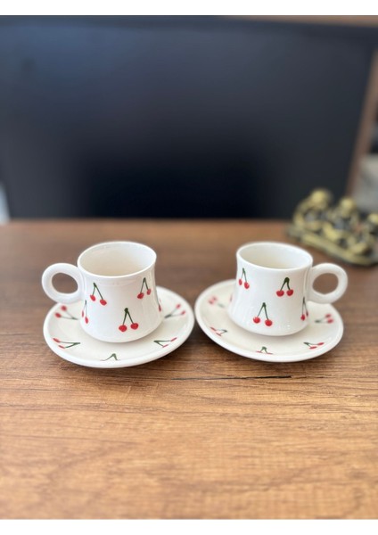 El Yapımı Seramik Fincan Takımı, Kiraz Desenli, Kırmızı, Şık ve Sıcak Tasarım