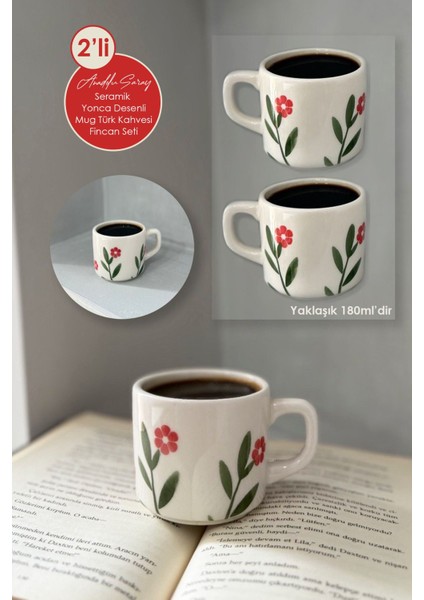 El Yapımı 2'li Seramik Yonca Çiçek Desenli Kahve Fincan Seti, Şık ve Hediye Güzeli