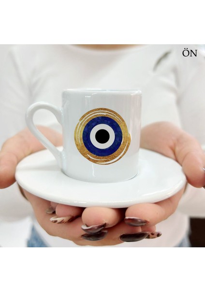 El Yapımı Mavi Nazar Boncuklu Gold Detaylı Kahve Fincanı Seti