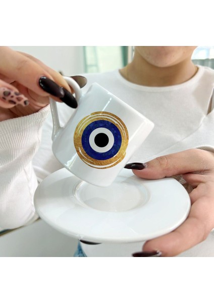 El Yapımı Mavi Nazar Boncuklu Gold Detaylı Kahve Fincanı Seti fırsatları