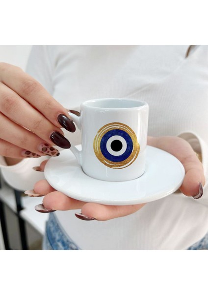 El Yapımı Mavi Nazar Boncuklu Gold Detaylı Kahve Fincanı Seti
