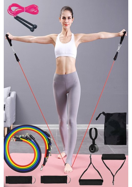 12 Parça Çok Fonksiyonlu Pilates ve Spor Lastiği Seti, Atlama Ipi, Mavi