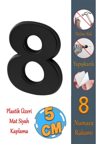 Yapışkanlı Küçük Kapı Numarası 50 Mm, 8 Rakam, Siyah, 1 Adet