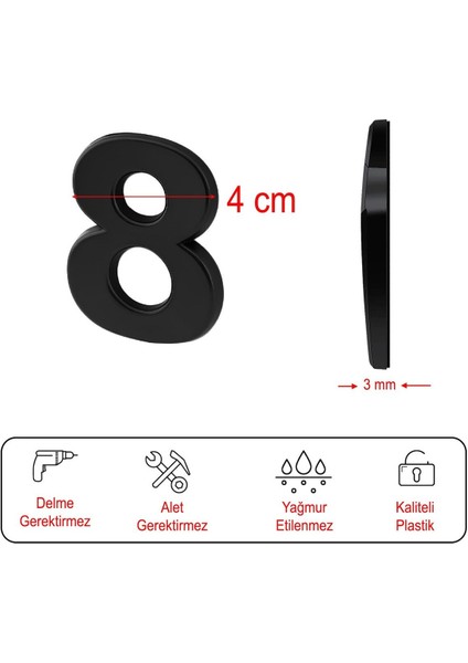 Yapışkanlı Küçük Kapı Numarası 50 Mm, 8 Rakam, Siyah, 1 Adet modelleri