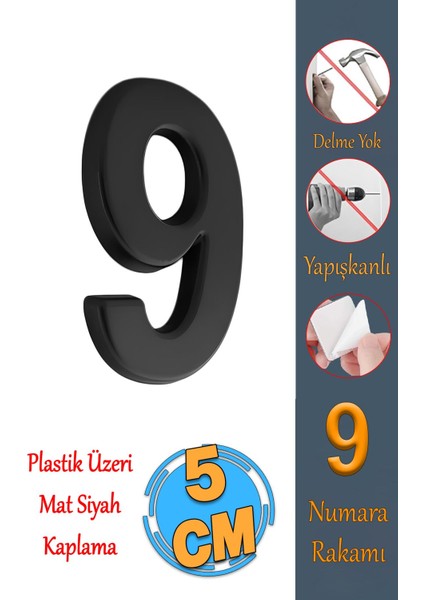 Yapışkanlı Kapı Numarası, 50 Mm, Siyah, Rakam 9, 1 Adet
