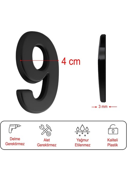 Yapışkanlı Kapı Numarası, 50 Mm, Siyah, Rakam 9, 1 Adet modelleri