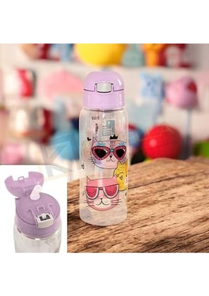 Lila Kedi Desenli 500ML Pipetli Matara, Şık ve Kullanışlı Içecek Kabı