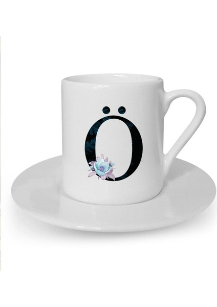 Mavi Çiçekler ve Ö Harfi Baskılı Beyaz Türk Kahvesi Fincanı