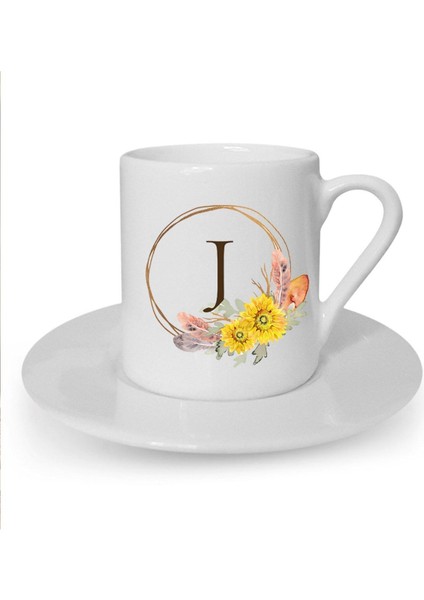 Içinde Çiçek Desenli ve J Harfi Baskılı Beyaz Kahve Fincanı