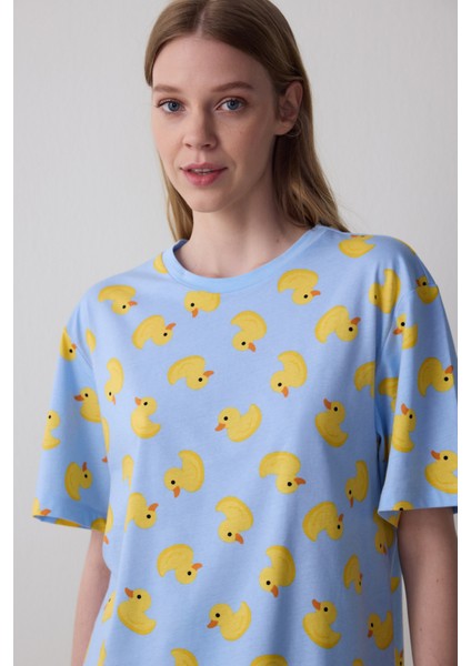 Açık Mavi Cuteness Bisiklet Yaka Kısa Kollu Şortlu Pijama Takımı fiyatları