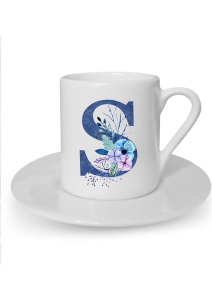 Mavi Renkli S Harfi Baskılı Şık Türk Kahvesi Fincanı