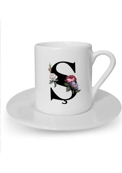 Ş Harfi Baskılı Beyaz Türk Kahvesi Fincanı, Şık ve Zarif Tasarım.