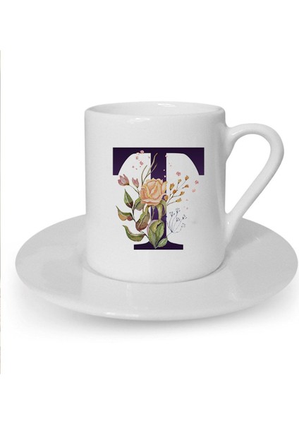 Kahverengi Gül ve T Harfi Baskılı Beyaz Türk Kahvesi Fincanı