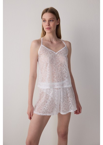 Kırık Beyaz Bridal Dantelli Gelin Şortlu Pijama Takımı