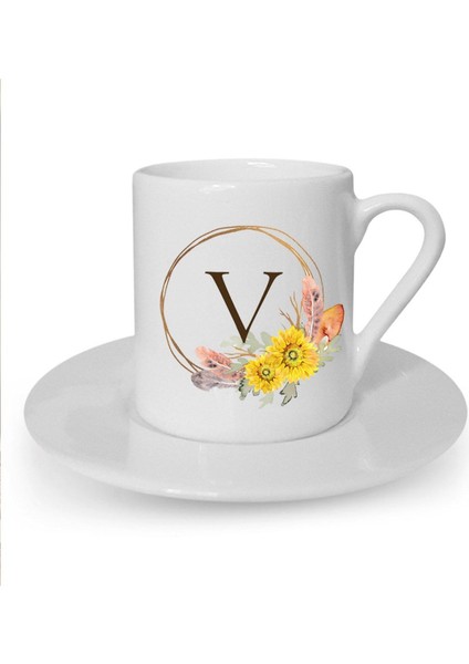 Çiçek Desenli V Harfi Baskılı Beyaz Türk Kahvesi Fincanı, Şık ve Zarif Tasarım