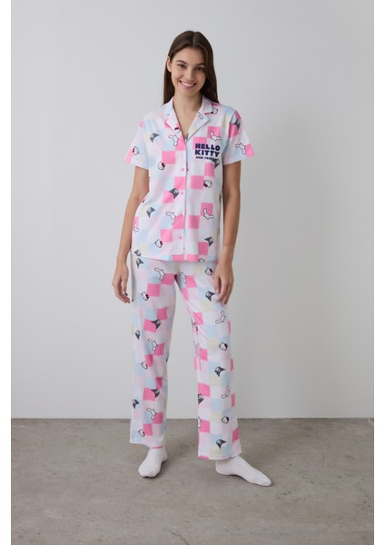 Optik Beyaz Hello Kitty Ekoseli Gömlek Yaka Kısa Kol Pijama Takımı