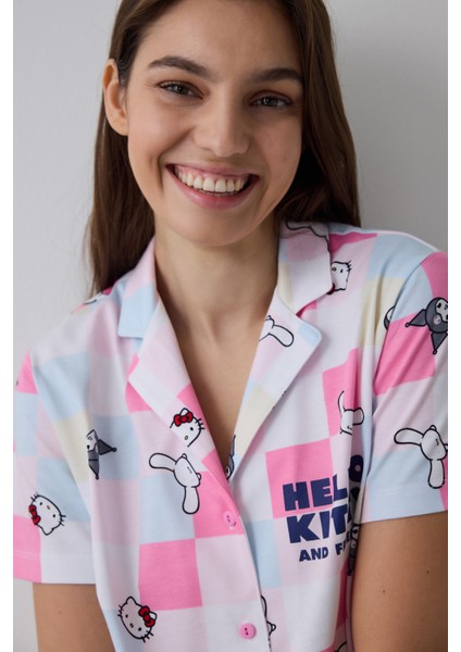 Optik Beyaz Hello Kitty Ekoseli Gömlek Yaka Kısa Kol Pijama Takımı fiyatları