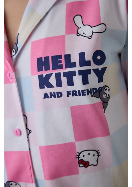 Optik Beyaz Hello Kitty Ekoseli Gömlek Yaka Kısa Kol Pijama Takımı modelleri