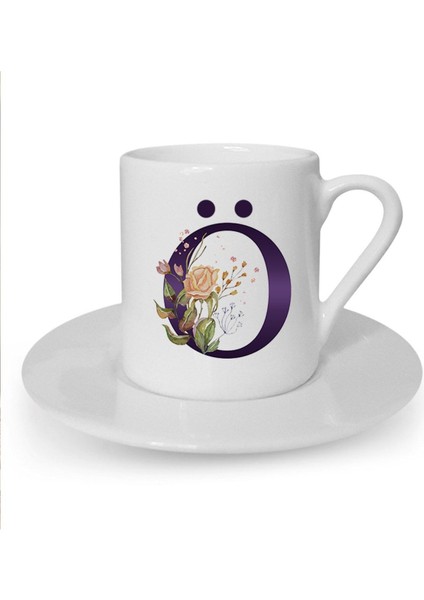 Kahverengi Gül Ö Harfi Baskılı Beyaz Türk Kahvesi Fincanı, Şık ve Zarif Tasarım.