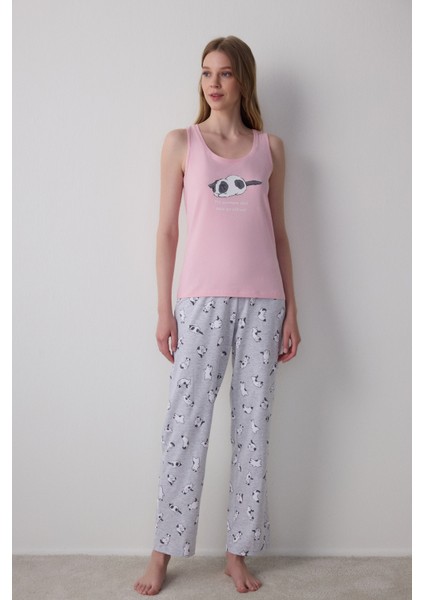 Kedi Desenli Sleepy Bisiklet Yaka Askılı Pamuklu Pijama Takımı