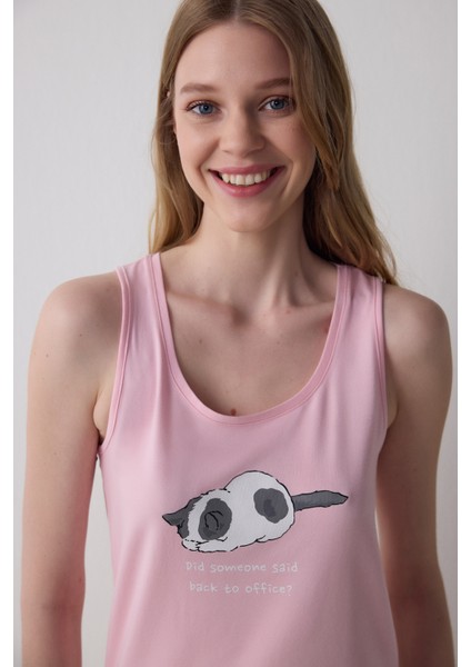 Kedi Desenli Sleepy Bisiklet Yaka Askılı Pamuklu Pijama Takımı fiyatları