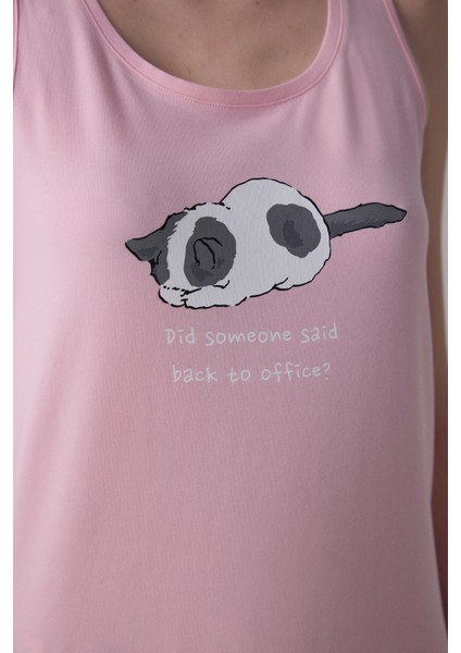 Kedi Desenli Sleepy Bisiklet Yaka Askılı Pamuklu Pijama Takımı modelleri