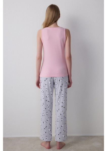 Kedi Desenli Sleepy Bisiklet Yaka Askılı Pamuklu Pijama Takımı fırsatları