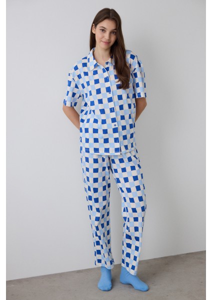 Ekoseli Rhea Gingham Gömlek Yaka Pamuklu Kısa Kollu Pijama Takımı