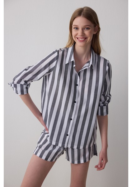 Çizgili Quinn Gömlek Yaka Uzun Kollu Şortlu Pijama Takımı