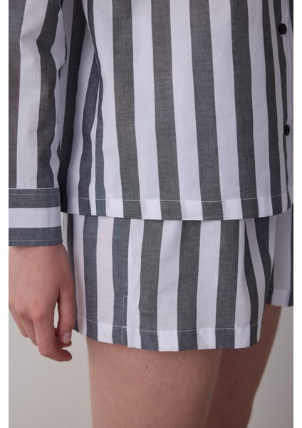 Çizgili Quinn Gömlek Yaka Uzun Kollu Şortlu Pijama Takımı modelleri