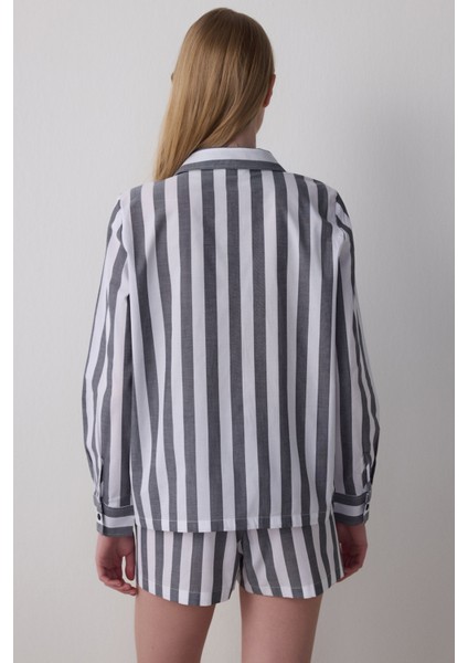 Çizgili Quinn Gömlek Yaka Uzun Kollu Şortlu Pijama Takımı fırsatları