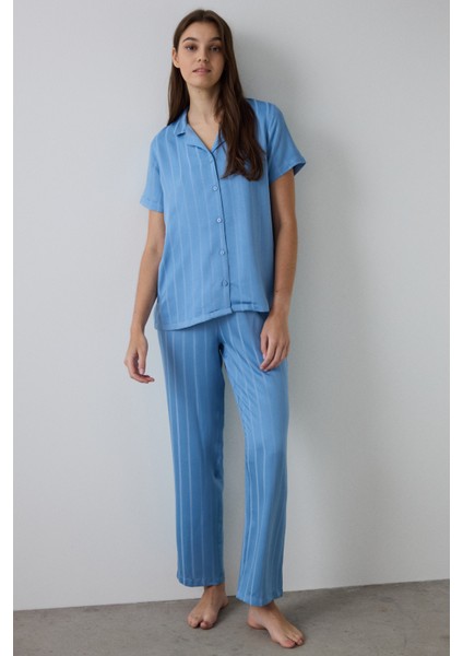 Mavi Luna Saten Gömlek Yaka Kısa Kollu Pijama Takımı