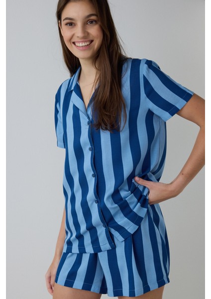 Mavi Into The Blue Çizgili Gömlek Yaka Kısa Kollu Gömlek Şort Pijama Takımı