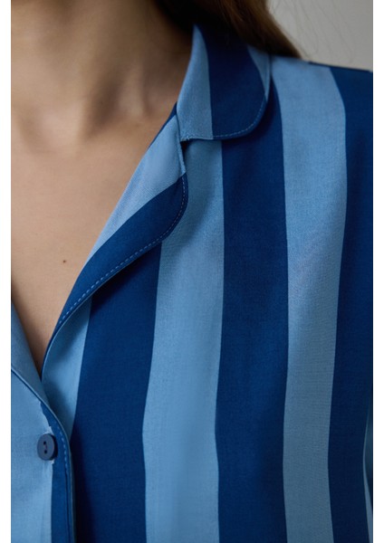 Mavi Into The Blue Çizgili Gömlek Yaka Kısa Kollu Gömlek Şort Pijama Takımı fiyatları