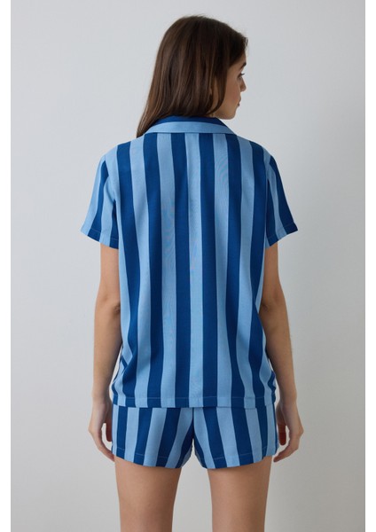 Mavi Into The Blue Çizgili Gömlek Yaka Kısa Kollu Gömlek Şort Pijama Takımı modelleri