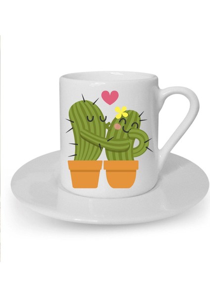 Beyaz Kaktüs Çift Baskılı Türk Kahvesi Fincanı, Şık ve Kullanışlı Tasarım