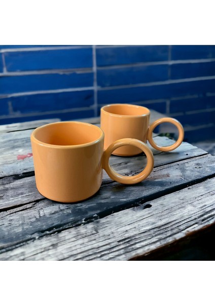 Turuncu Halka Kulplu Fincan Seti, 8 Cm, 2 Adet, Şık ve Kullanışlı Tasarım