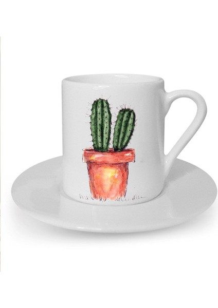 Kaktüs Desenli Beyaz Türk Kahvesi Fincanı, Şık ve Zarif Tasarım.