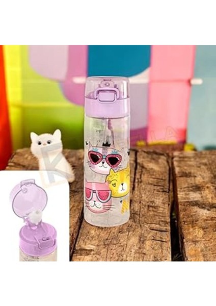 Lila Kedi Desenli Pipetli 500ML Şişe, Renkli ve Şık Tasarım
