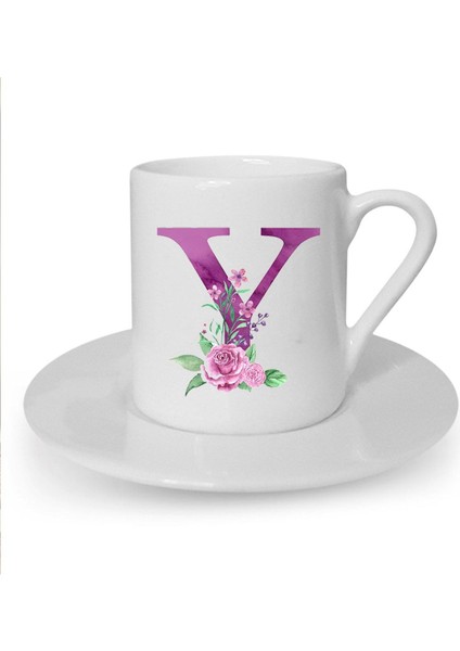 Mor Y Harfi Baskılı Beyaz Türk Kahvesi Fincanı, Şık ve Güzel Tasarım