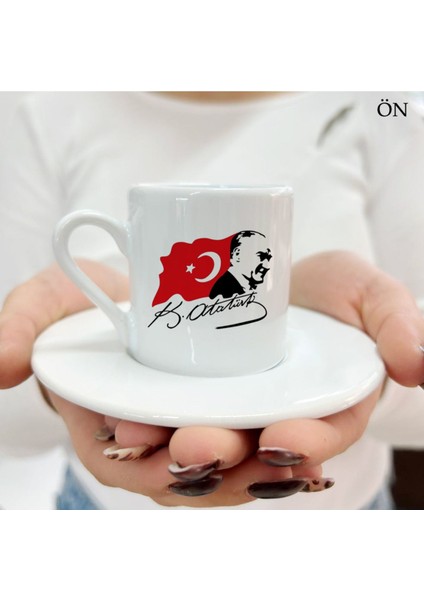 Özel Tasarım Türk Bayraklı Atatürk Kahve Fincanı Beyaz