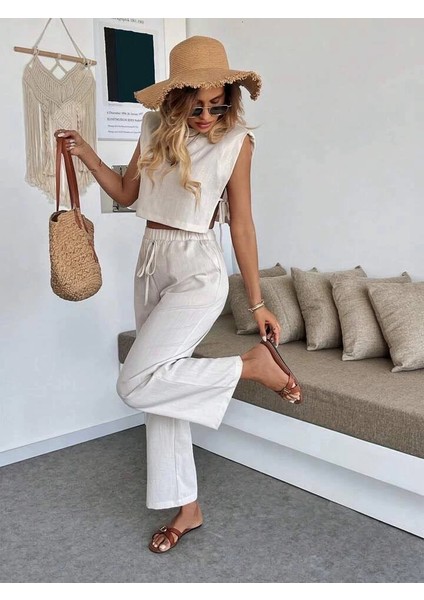 Yan Bağlama Detaylı Pantolonlu Takım Bej fiyatları