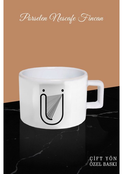 Ü Harfli Siyah Ikon Tasarımlı Beyaz Kahve Fincanı, Şık ve Modern Tasarım