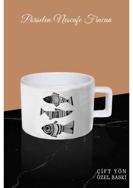 Çini Balık Desenli Çift Yönlü Kahve Fincanı, Şık ve Kullanışlı Beyaz Kupa