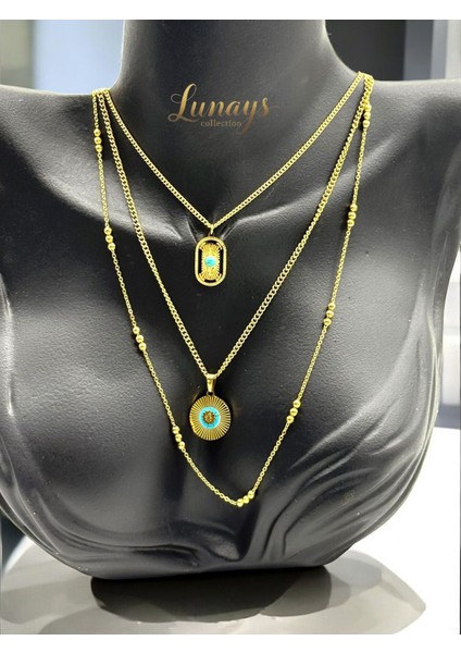 Paslanmaz Çelik 3 Lü Alisa Model Feruze Taşlı Zincir Kadın Kolye Gold Renk