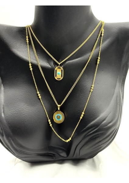 Paslanmaz Çelik 3 Lü Alisa Model Feruze Taşlı Zincir Kadın Kolye Gold Renk fiyatları