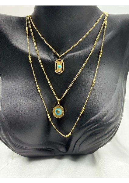 Paslanmaz Çelik 3 Lü Alisa Model Feruze Taşlı Zincir Kadın Kolye Gold Renk modelleri