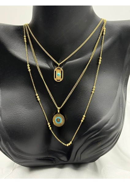 Paslanmaz Çelik 3 Lü Alisa Model Feruze Taşlı Zincir Kadın Kolye Gold Renk fırsatları