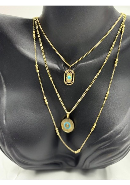 Paslanmaz Çelik 3 Lü Alisa Model Feruze Taşlı Zincir Kadın Kolye Gold Renk indirimleri